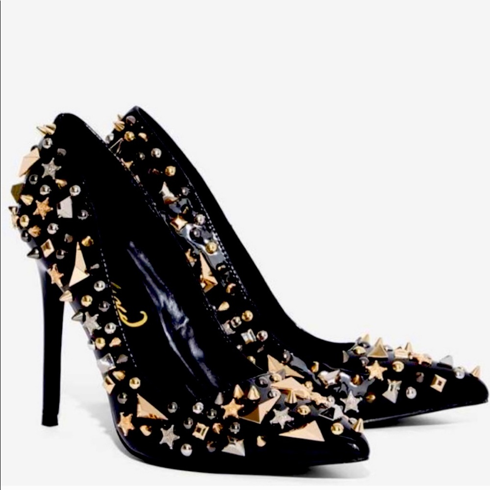 Black Leather Gold Studded Stilettos